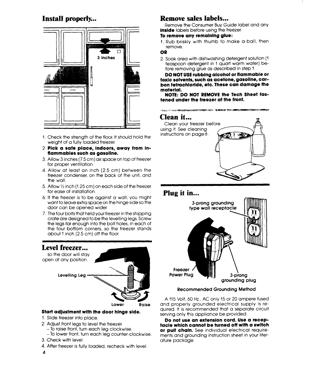 Whirlpool EVIIOCXR manual Install properly, Level freezer, Remove sales labels, Clean it, Plug it 