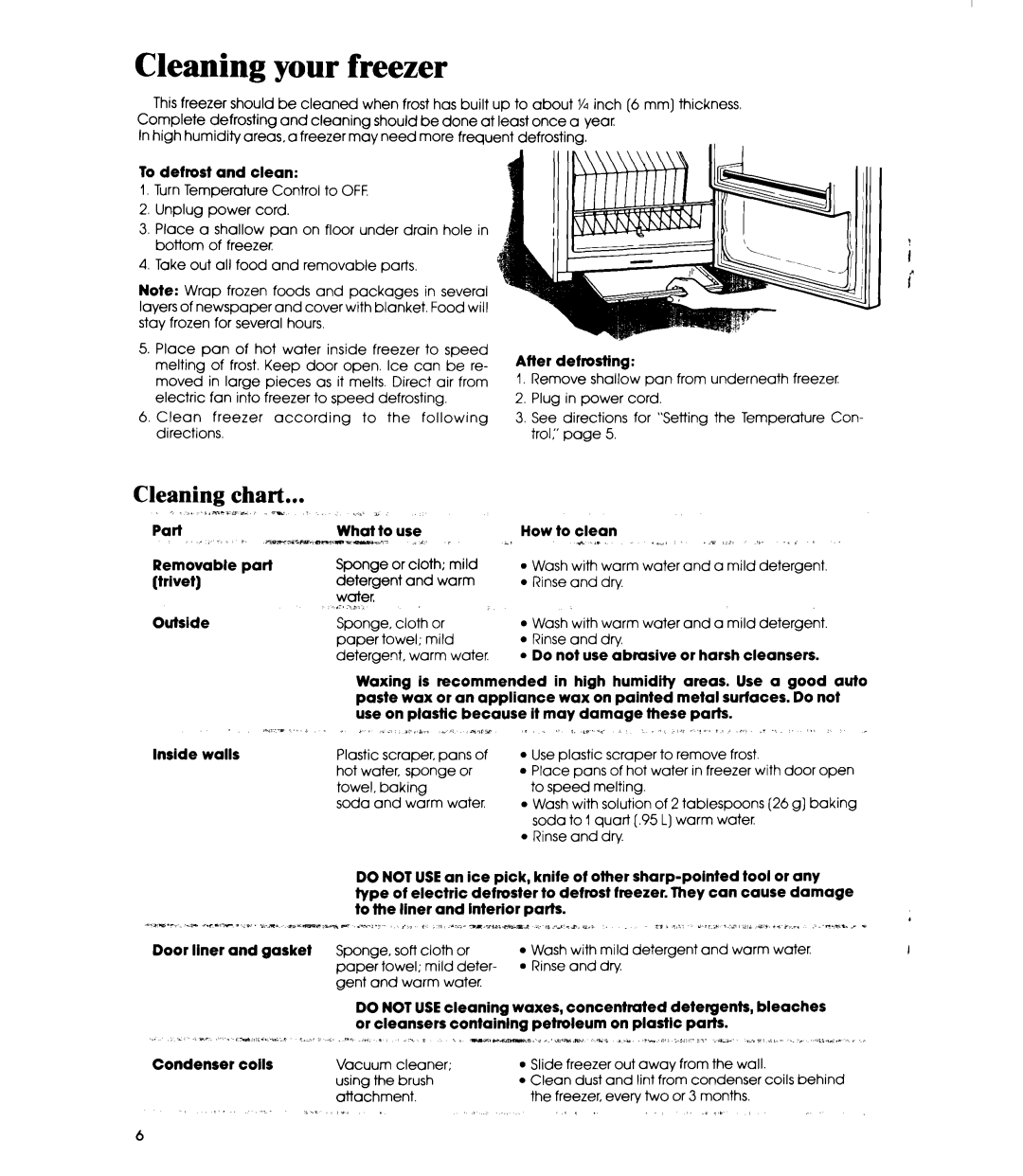 Whirlpool EVIIOCXR manual Cleaning your freezer, Cleaning chart sl.. L,“I IIFL~-a, ,.,j*I 