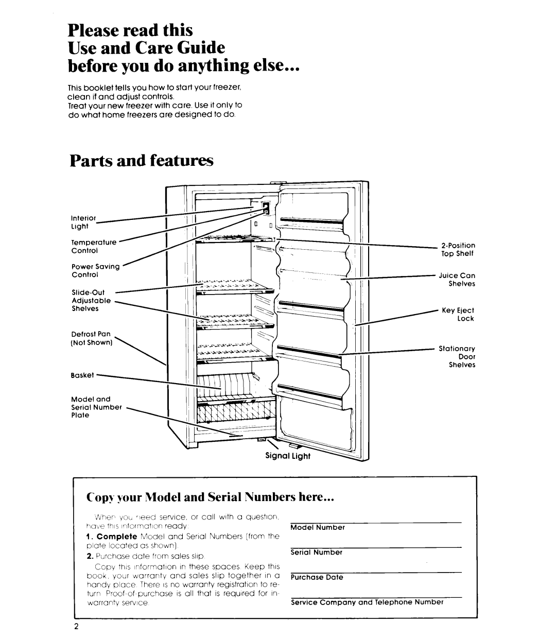 Whirlpool EVISHEXP manual Before you do anything else, Parts and features, Copy your Model and Serial Numbers here 