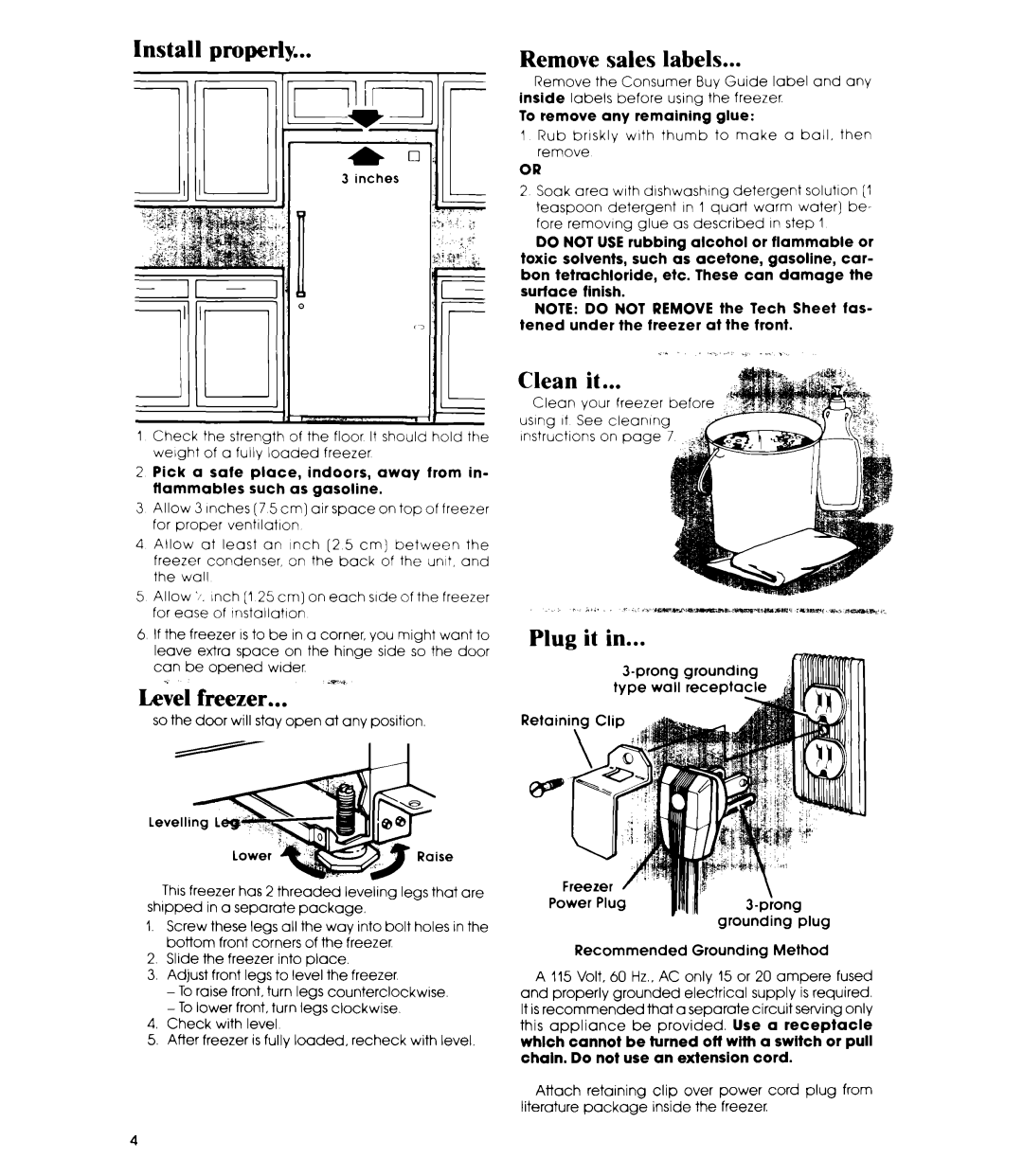 Whirlpool EVISHEXP manual Install properly, Level freezer, Remove sales labels, Clean it 