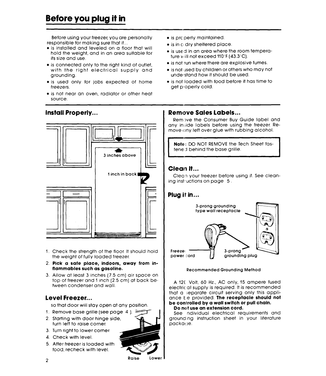 Whirlpool EVISHKXK manual Before you plug it, Install Properly, Remove Sales labels, Plug, Level Freezer 