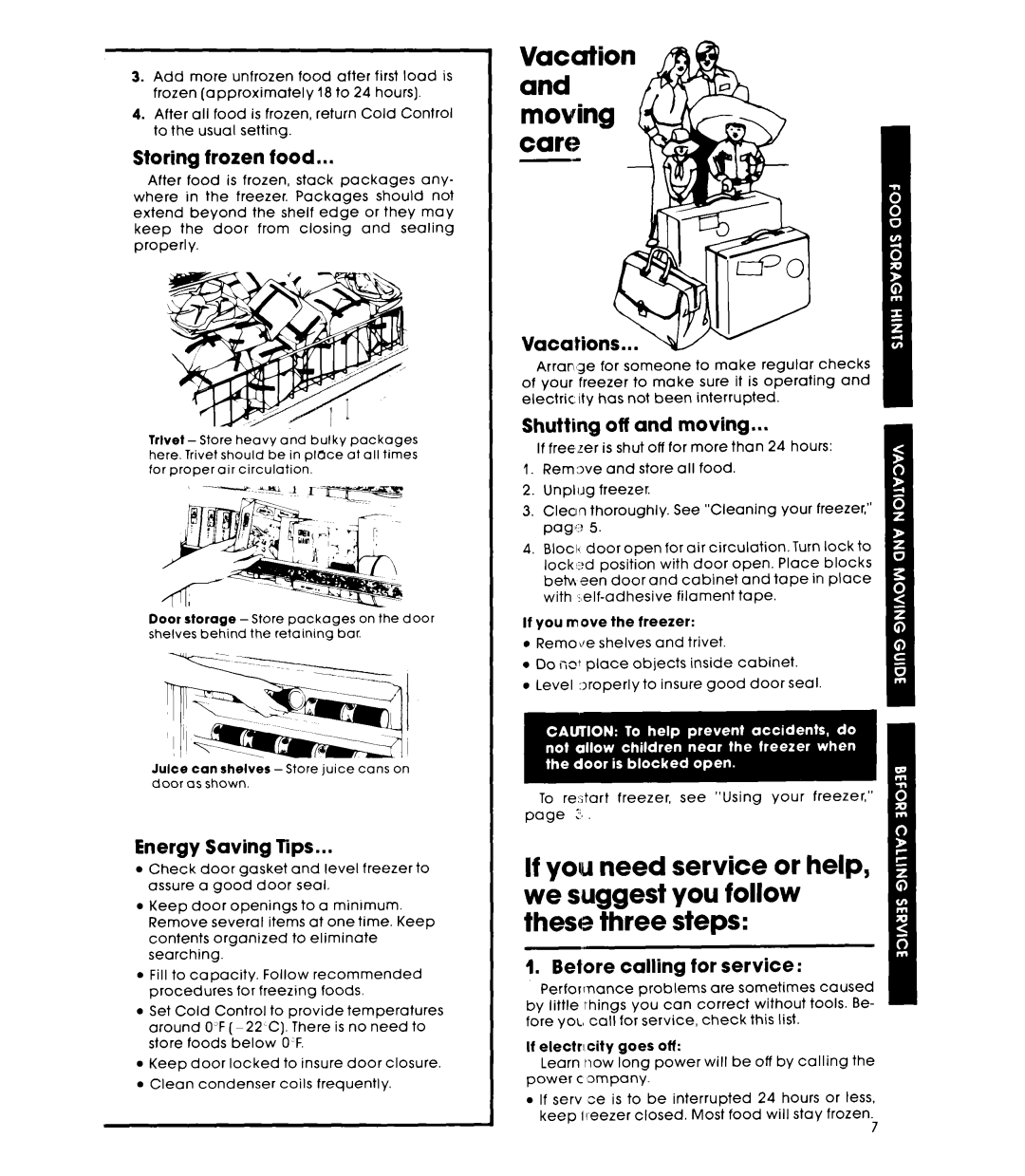 Whirlpool EVISHKXK Care, Storing frozen food, Energy Saving Tips, Shutting off and moving, Beiore calling for service 