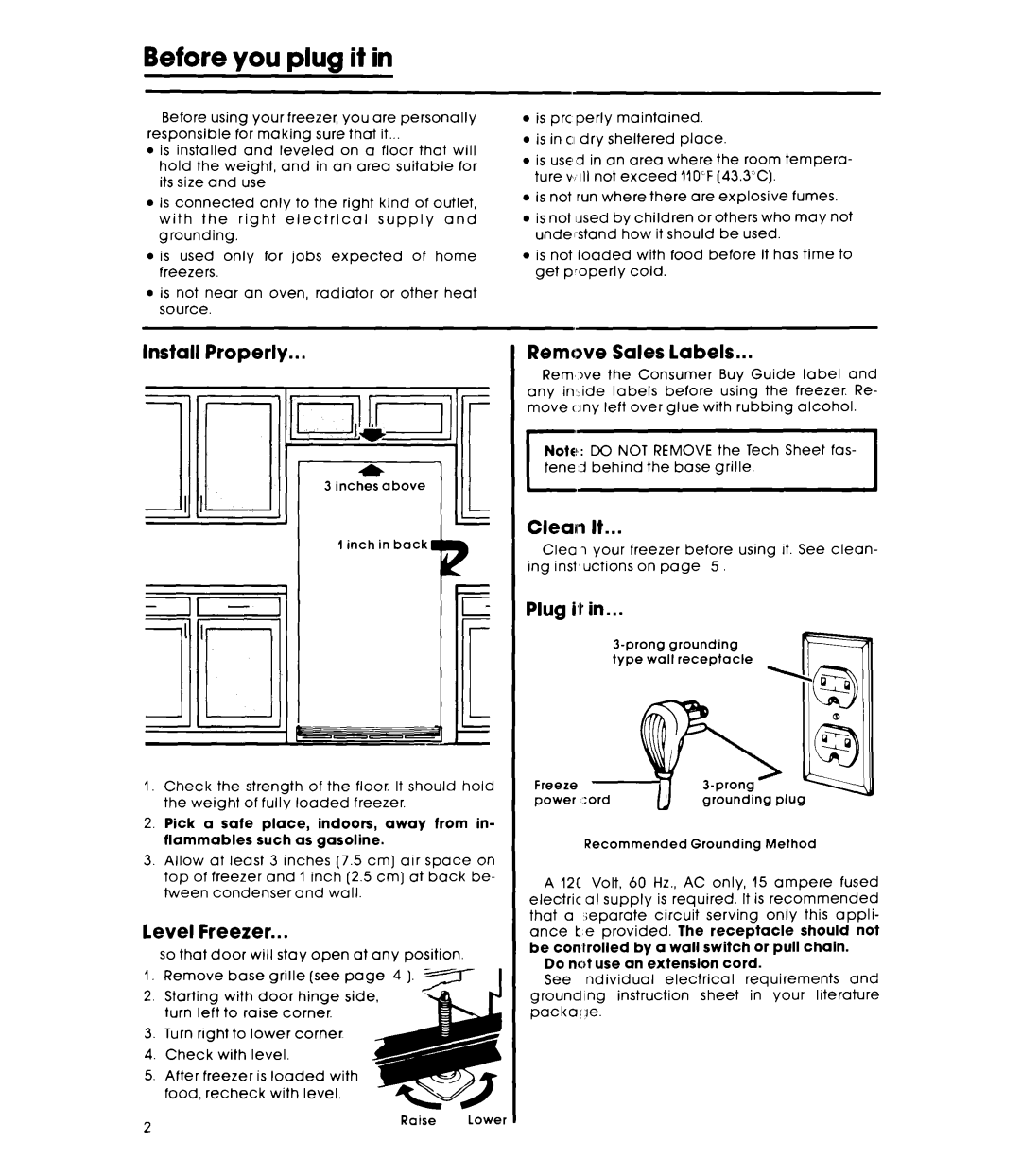 Whirlpool EVISHKXK manual Before you plug it in, Install Properly, Remove Sales labels, Plug, level Freezer, Cleaii 