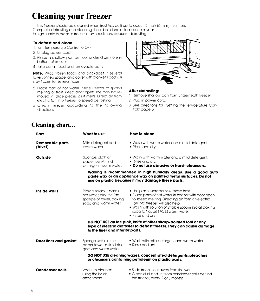 Whirlpool EVISOE manual Cleaning your freezer, Cleaning chart 