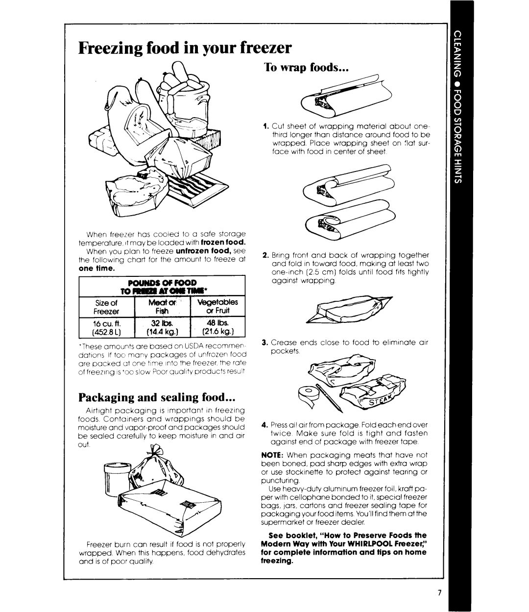 Whirlpool EVISOE manual Freezing food in your freezer, To wrap foods, Packaging and sealing food 