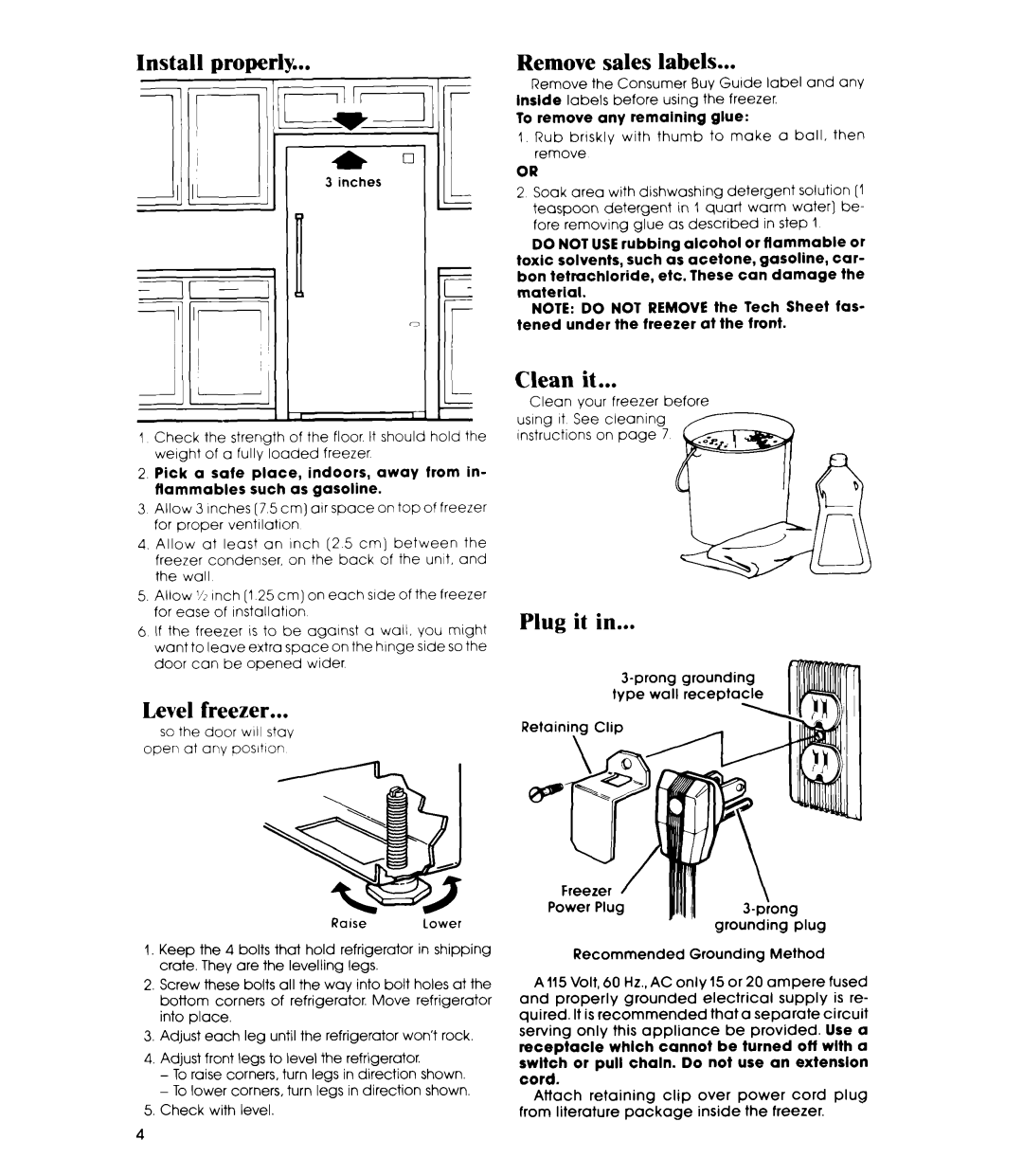 Whirlpool EVISOF manual Install properly, Remove sales labels, Level freezer, Clean it, Plug it 