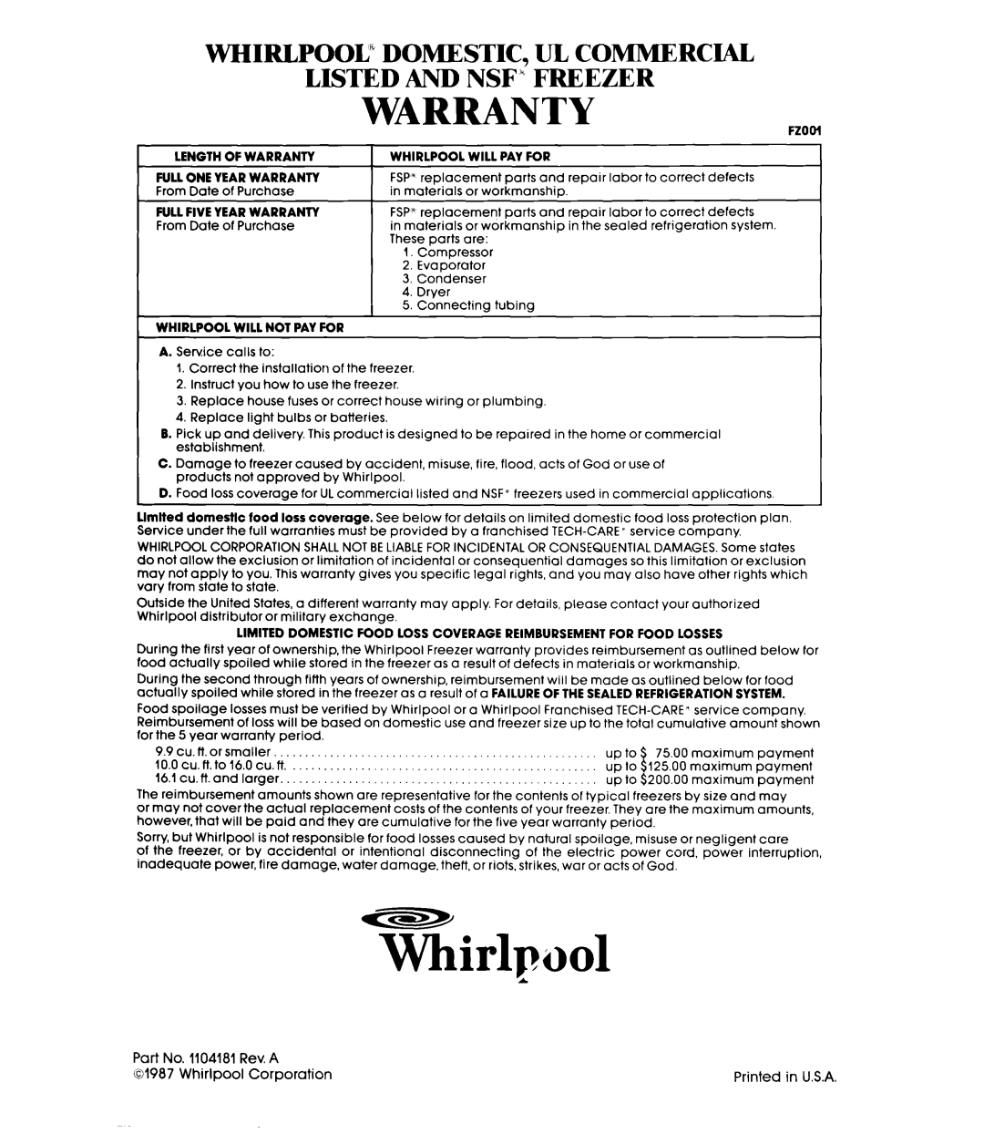 Whirlpool EVISOF manual Warranty, Whirlpool” Domestic, Ul Commercial, Listed And Nsf” Freezer 