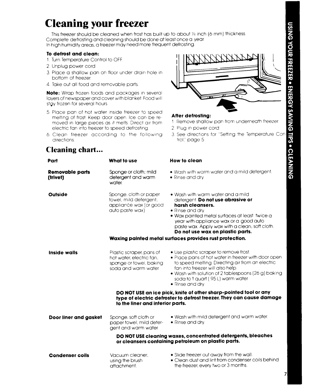 Whirlpool EVISOF manual Cleaning your freezer, Cleaning chart 