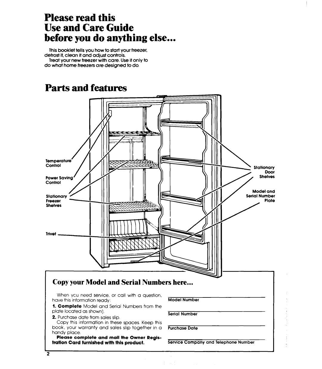 Whirlpool EVllOC manual Before you do anything else, Parts and features, Copy your Model and Serial Numbers here, Tration 