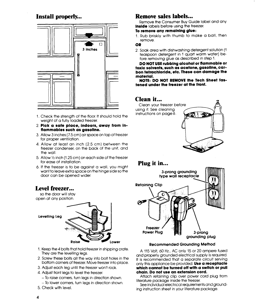 Whirlpool EVllOC manual Install properly, Level freezer, Remove sales labels, Clean it, Plug it 