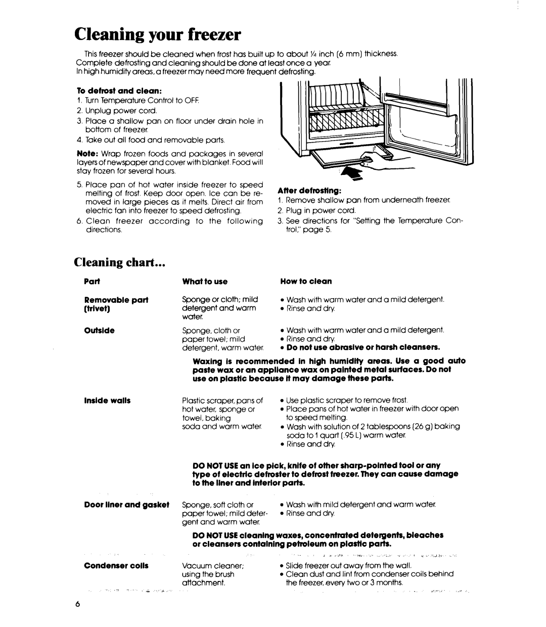 Whirlpool EVllOC manual Cleaning your freezer, Cleaning chart 