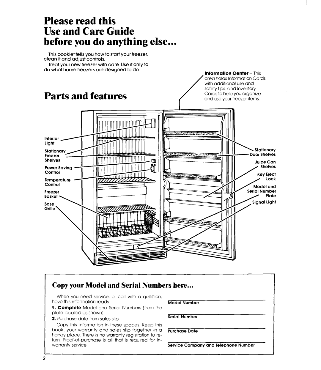 Whirlpool EVZOON Before you do anything else, Parts and features, Copy your Model and Serial Numbers here, Purchase Date 