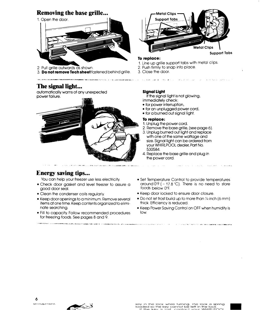 Whirlpool EVZOON manual Removing the base grille, Signal light, Energy saving tips, Do not removelech 