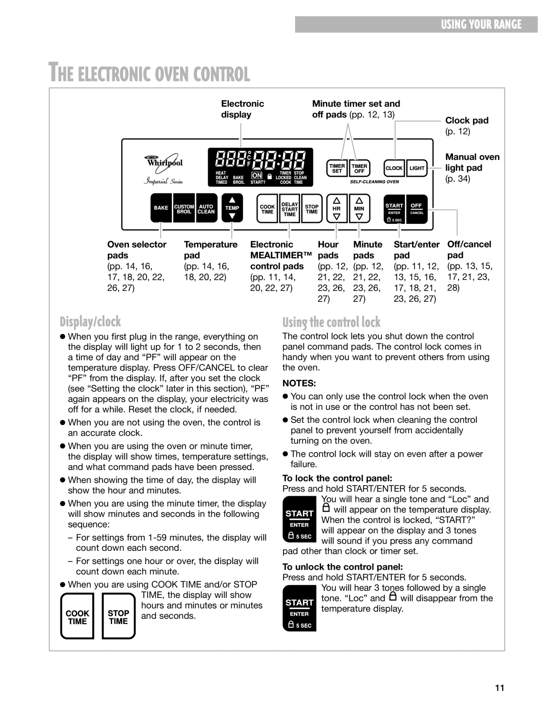 Whirlpool F195LEH warranty Electronic Oven Control, Display/clock, Using the control lock, Mealtimer 