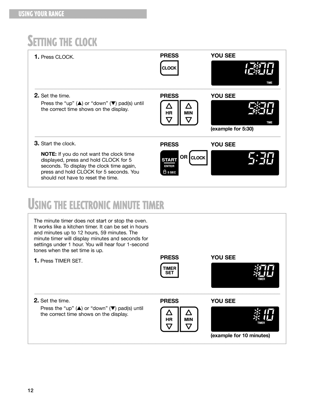 Whirlpool F195LEH warranty Setting the Clock, Using the Electronic Minute Timer, Press Clock, Example for 10 minutes 