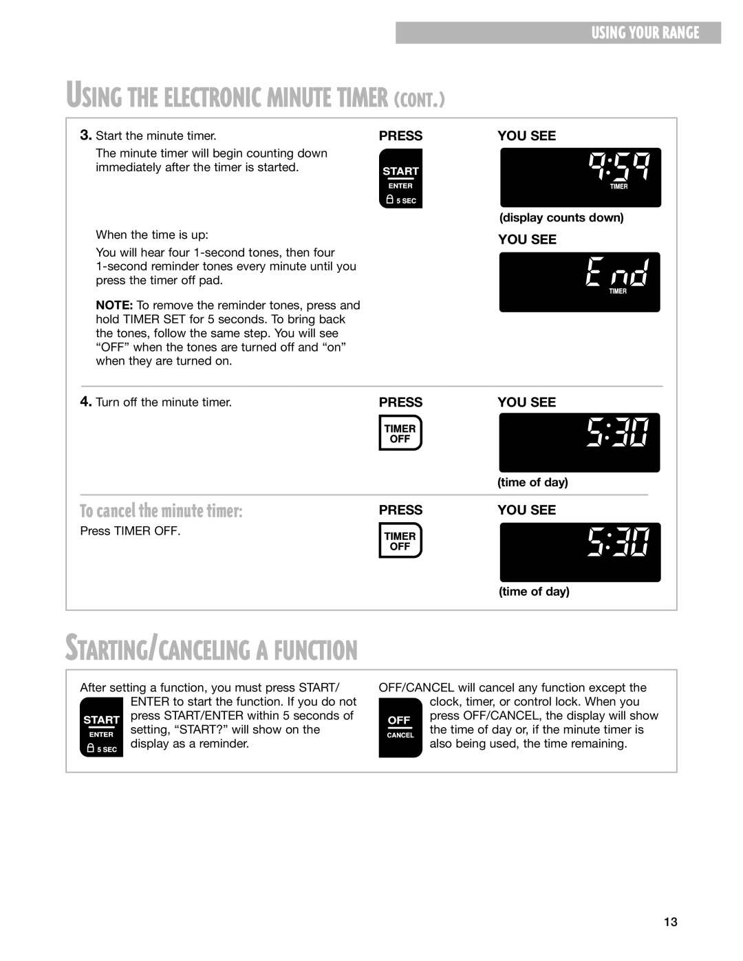 Whirlpool F195LEH warranty STARTING/CANCELING a Function, To cancel the minute timer, Display counts down, Time of day 