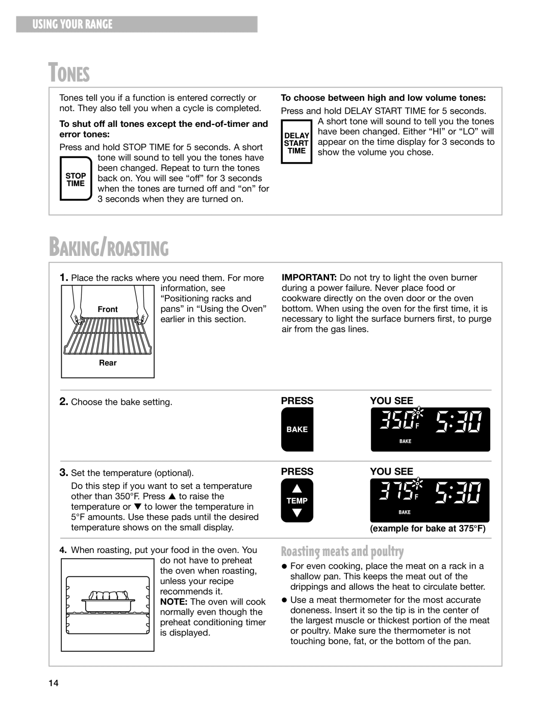 Whirlpool F195LEH warranty Tones, Baking/Roasting, To choose between high and low volume tones 