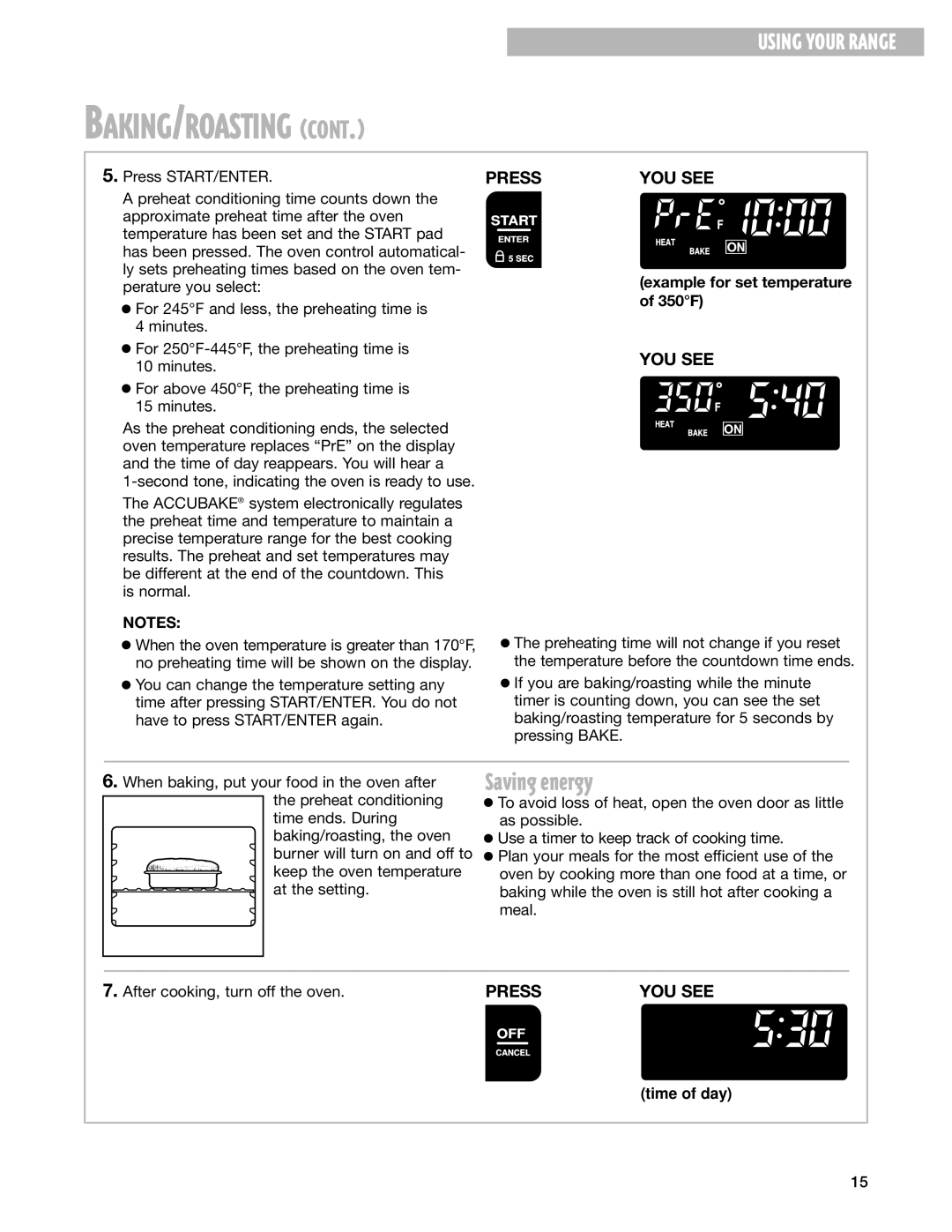 Whirlpool F195LEH warranty Saving energy, Example for set temperature of 350F 