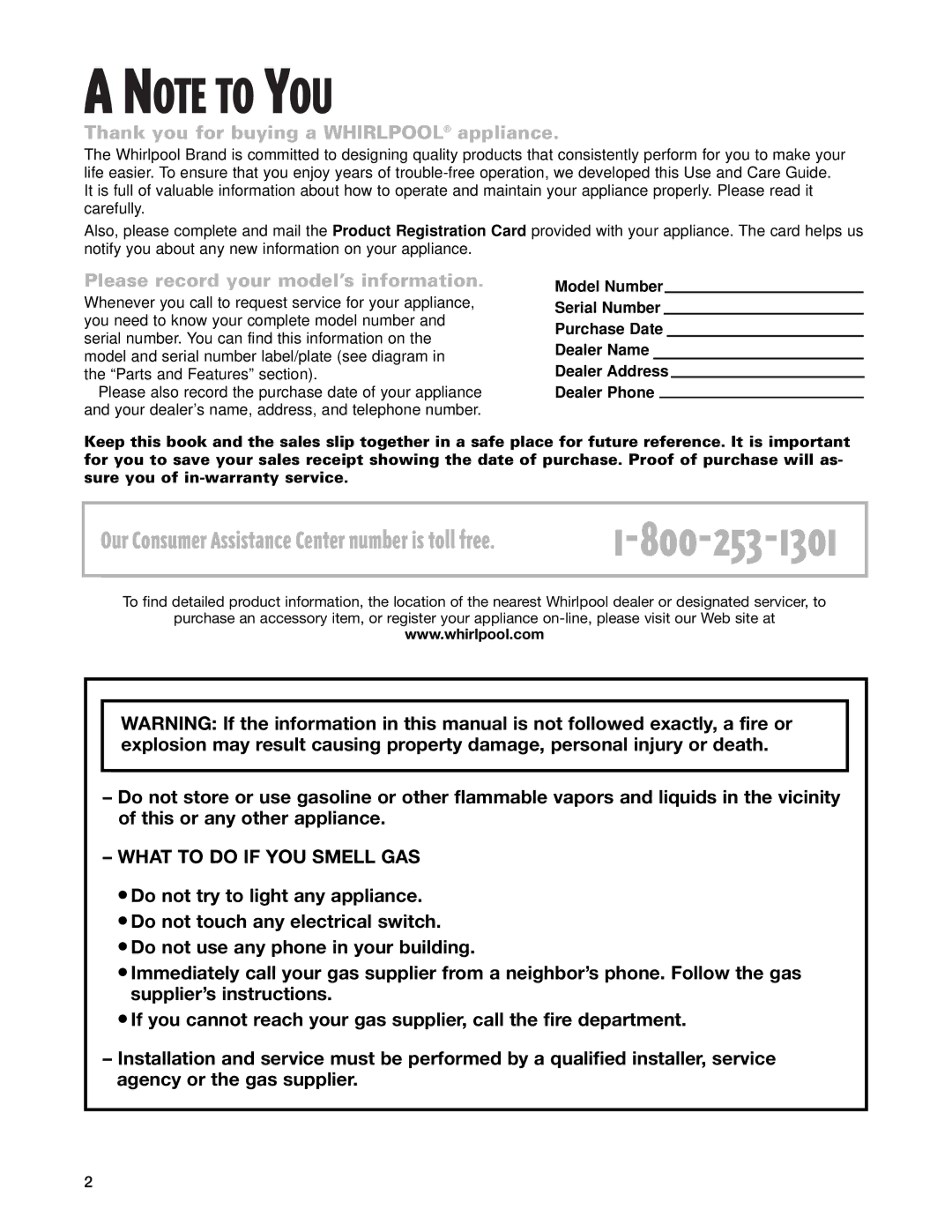 Whirlpool F195LEH warranty What to do if YOU Smell GAS 