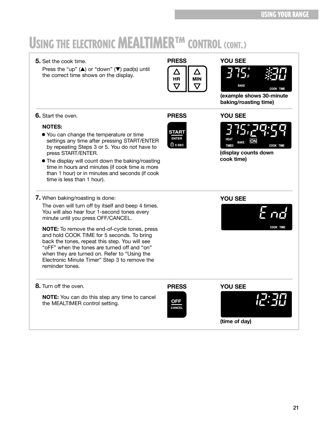 Whirlpool F195LEH warranty Using the Electronic MEALTIMERª Control, Example shows 30-minute baking/roasting time 