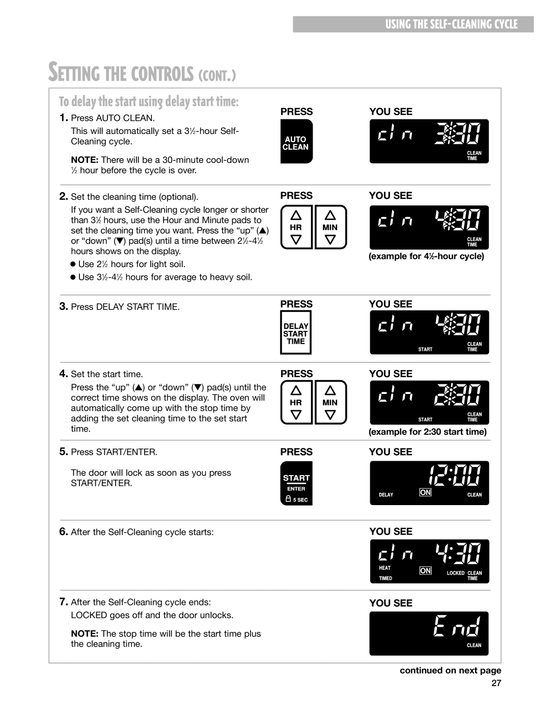 Whirlpool F195LEH warranty Example for 41⁄2-hour cycle, Example for 230 start time 