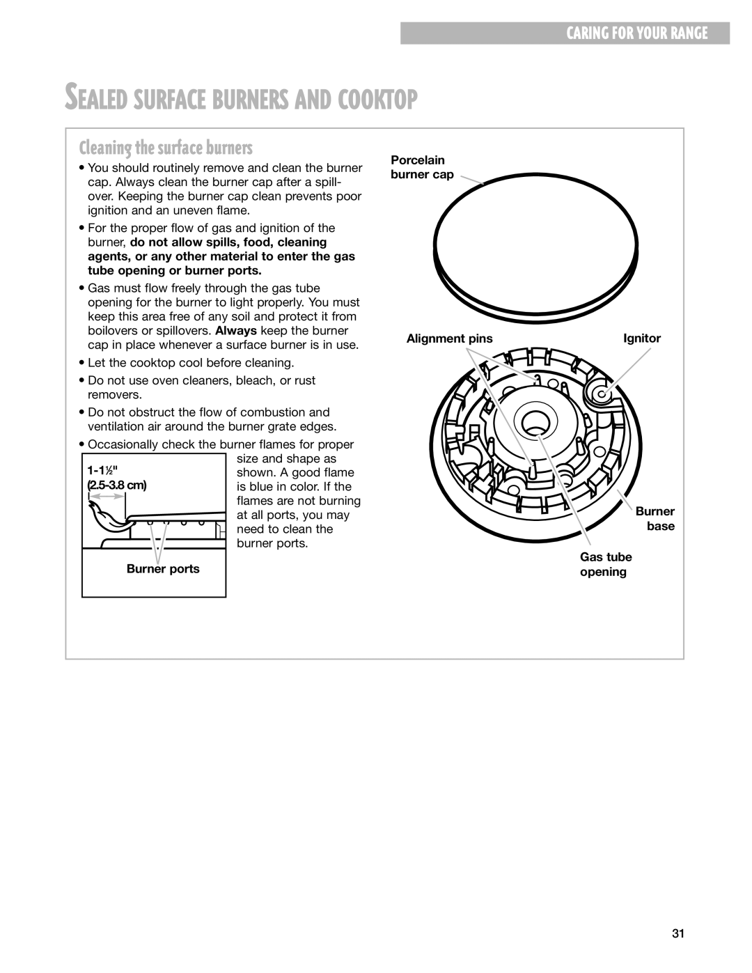 Whirlpool F195LEH warranty Sealed Surface Burners and Cooktop, Cleaning the surface burners 