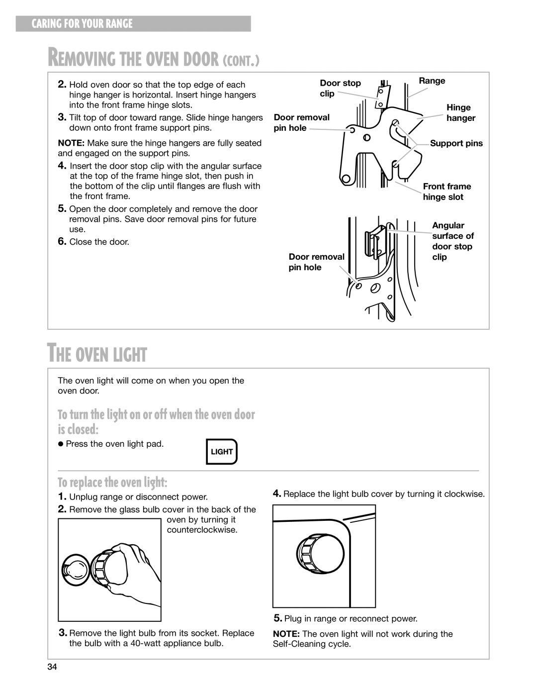 Whirlpool F195LEH warranty Oven Light, To replace the oven light 