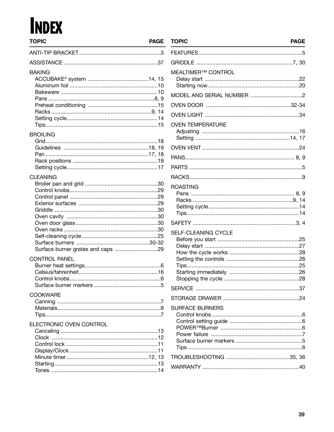 Whirlpool F195LEH warranty Index, Topic 