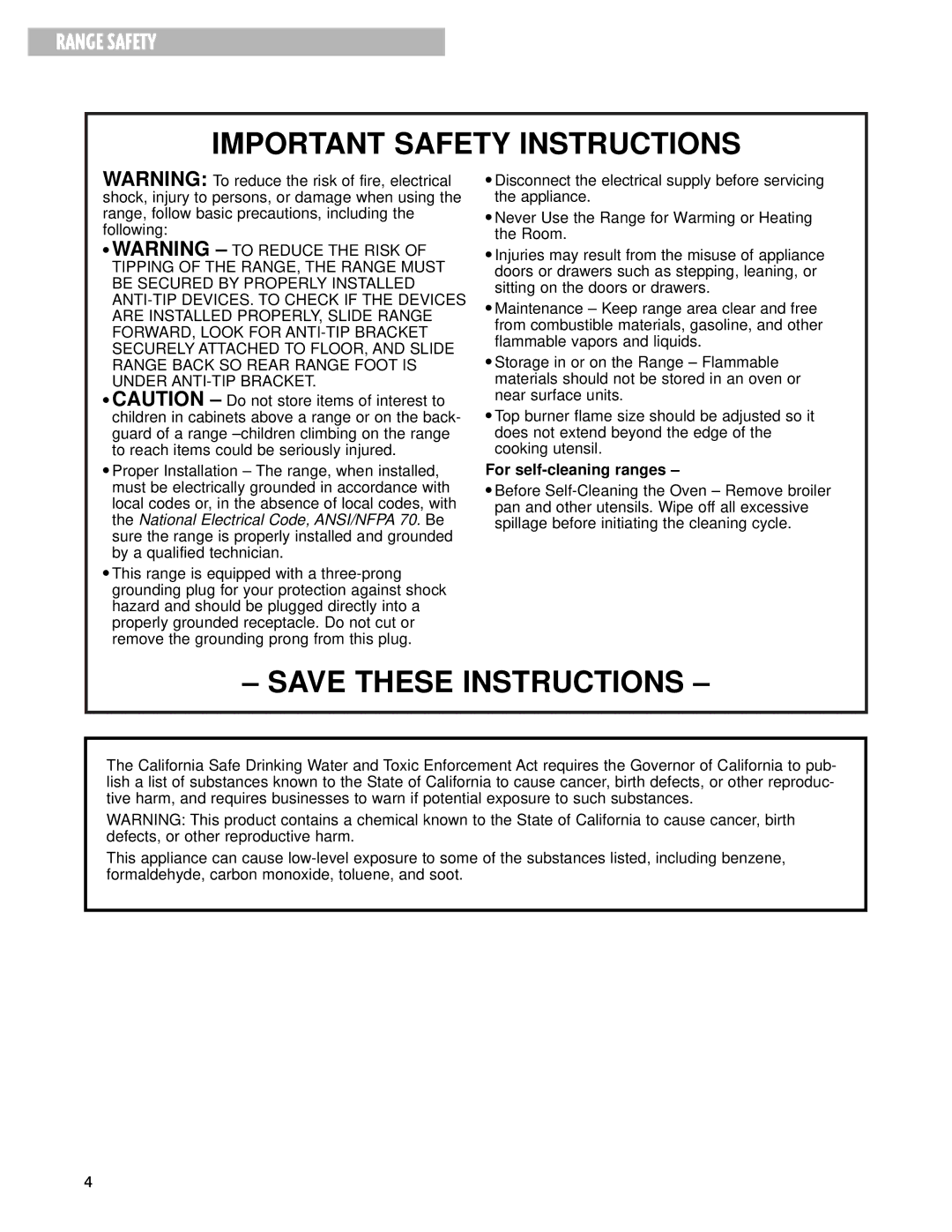 Whirlpool F195LEH warranty Important Safety Instructions 