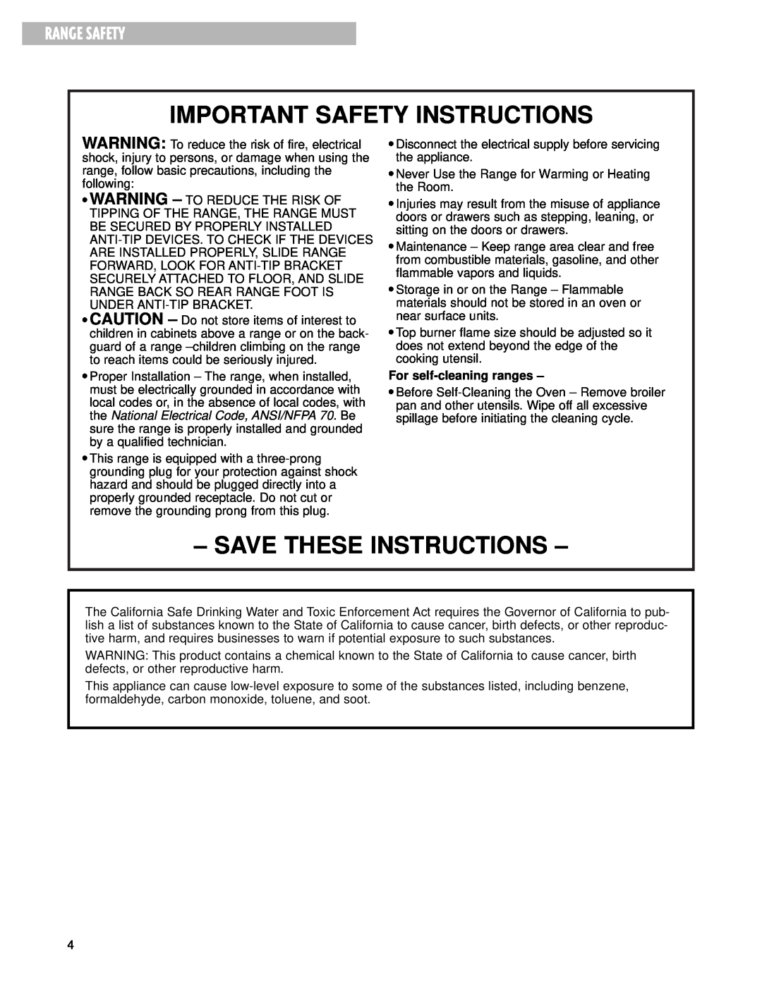 Whirlpool F195LEH warranty Range Safety, Important Safety Instructions, Save These Instructions, For self-cleaning ranges 