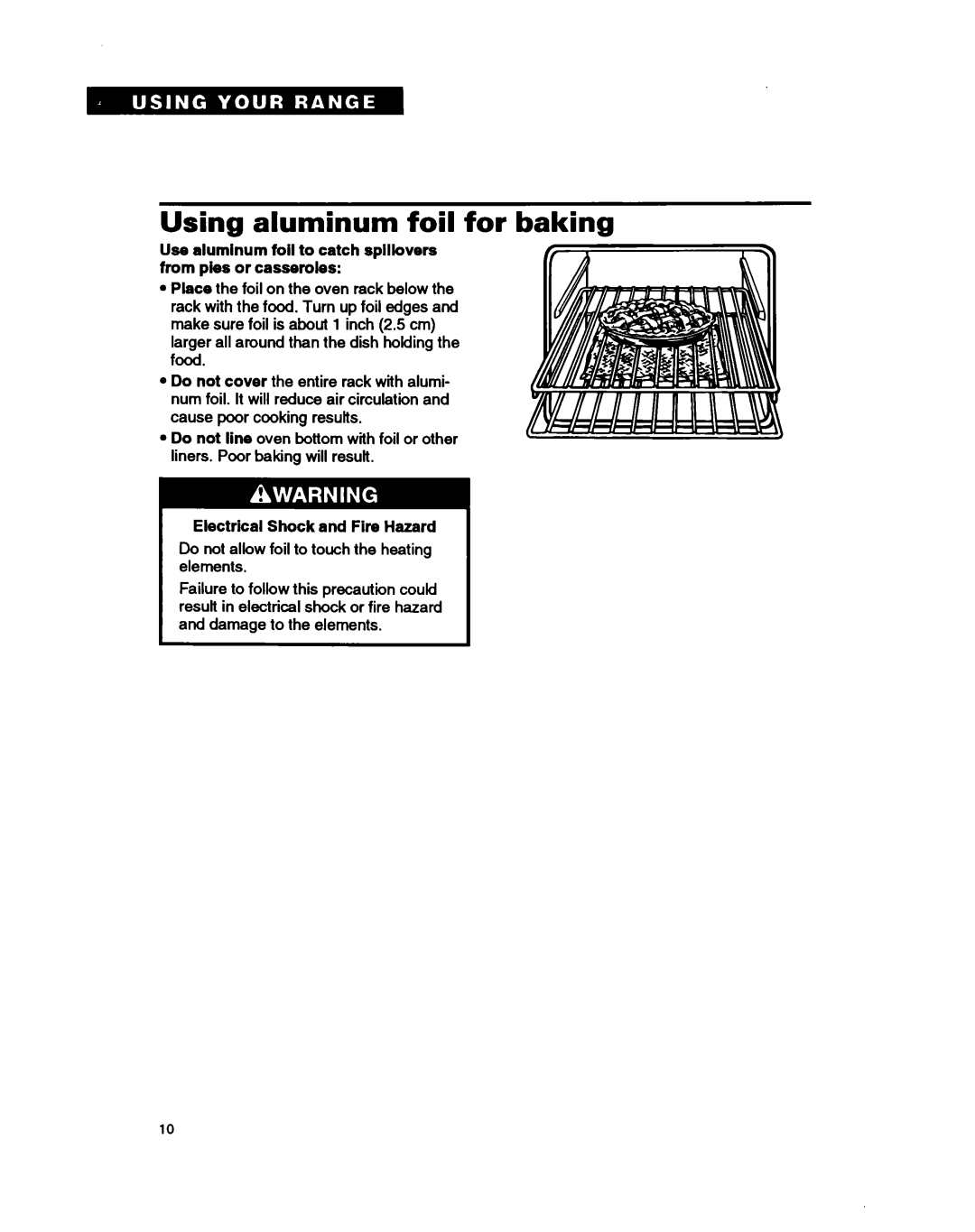 Whirlpool FEP330B, FEC330B, FEP350B Using aluminum foil for baking, Electrical Shock and Fire Hazard 