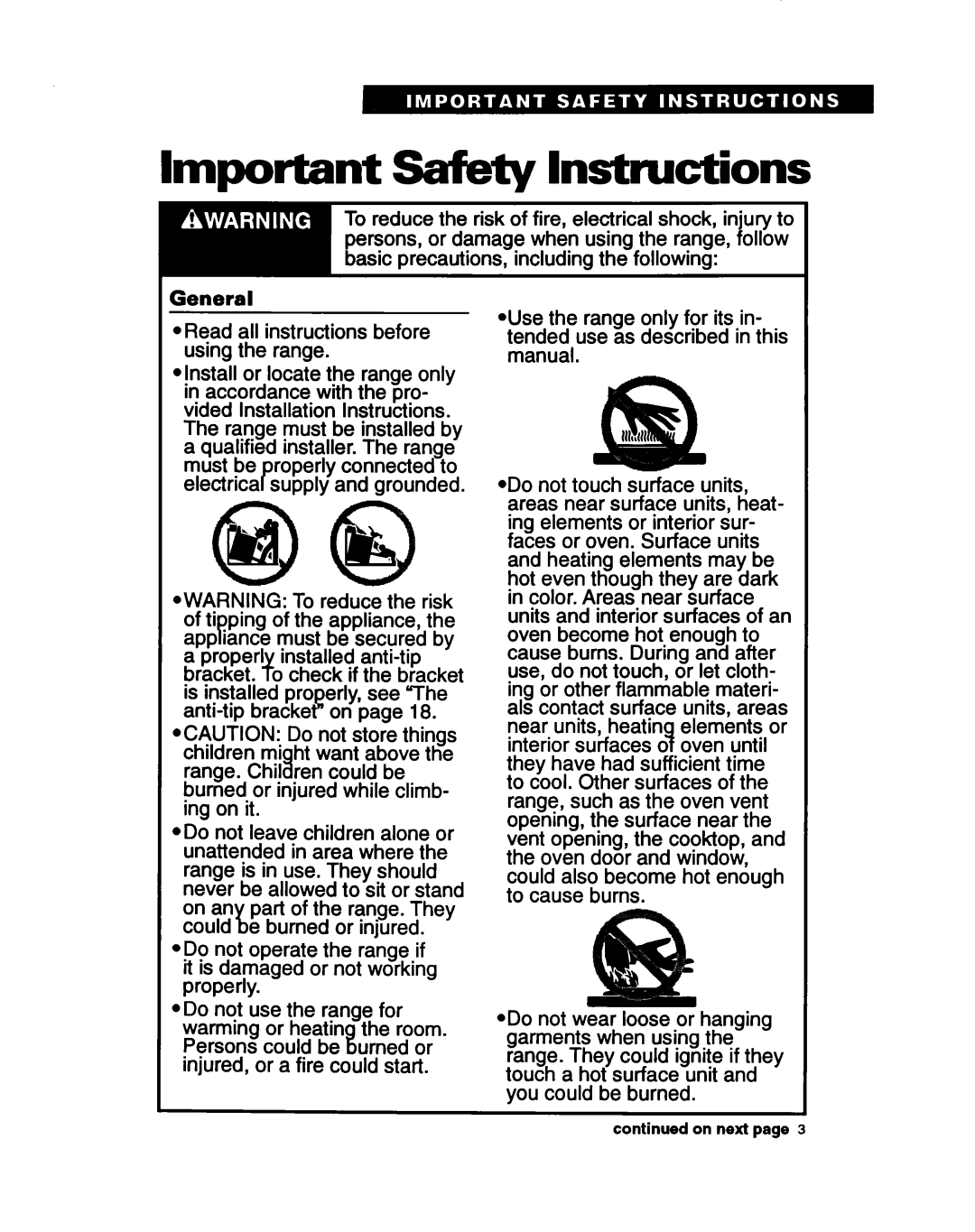 Whirlpool FEC330B, FEP330B, FEP350B important safety instructions Important safety Instructions, On next 