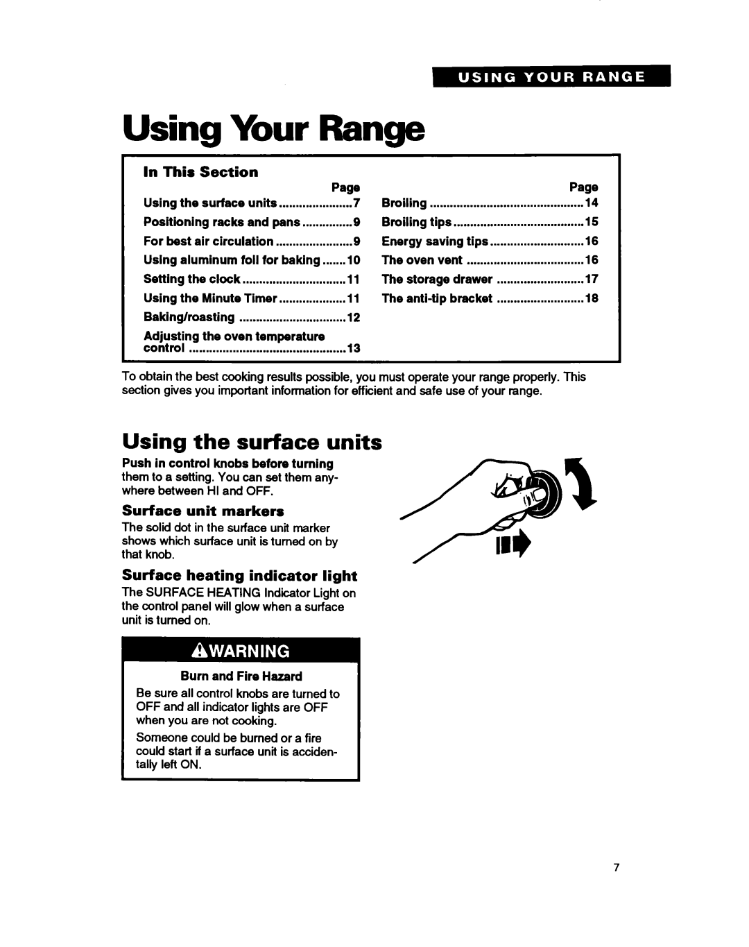 Whirlpool FEP330B Using Your, Using the surface units, This, Surface unit markers, Surface heating indicator light 