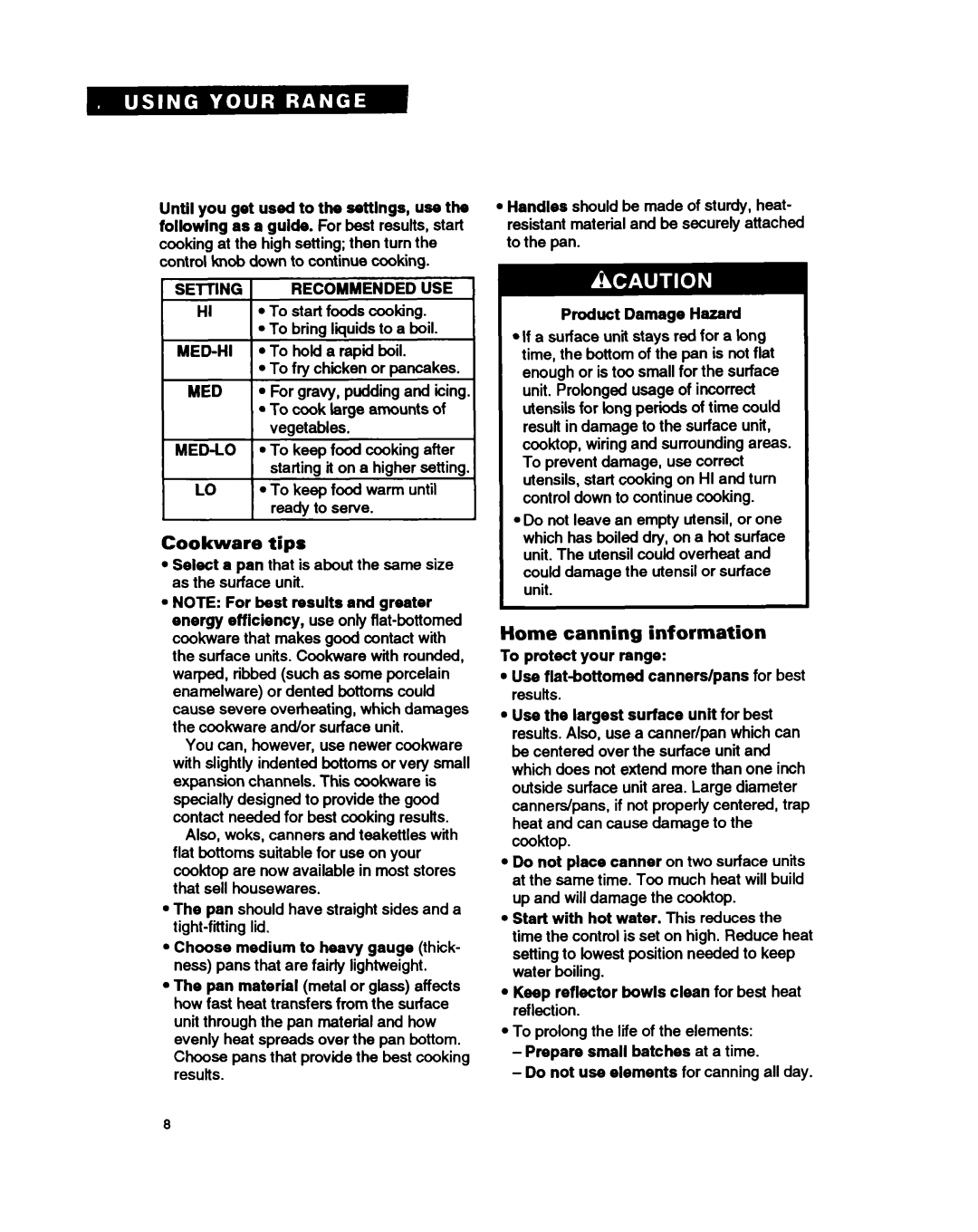 Whirlpool FEP350B, FEC330B, FEP330B important safety instructions Cookware tips, Home canning information, Recommended USE 