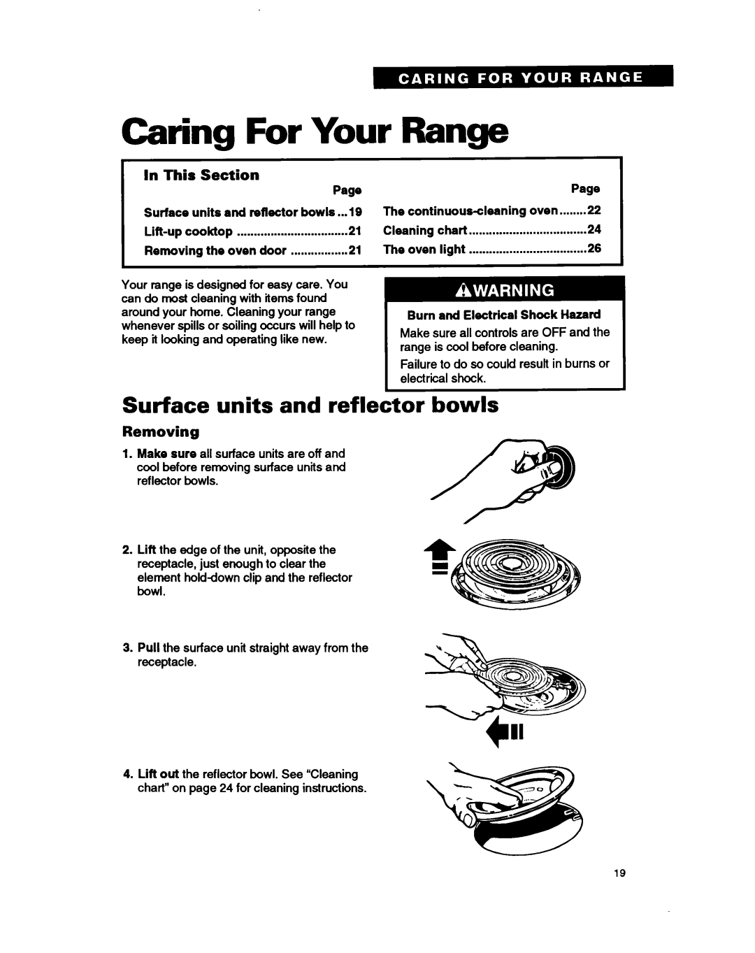 Whirlpool FEP330B, FEC330B Caring For Your Range, Surface units and reflector bowls, In This Section, Removing, Page 