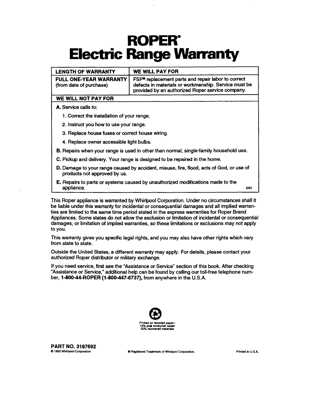 Whirlpool FEC330B, FEP330B Electric, Roper”, Length Of Warranty, We Will Pay For, We Will Not Pay For, Range Warranty 