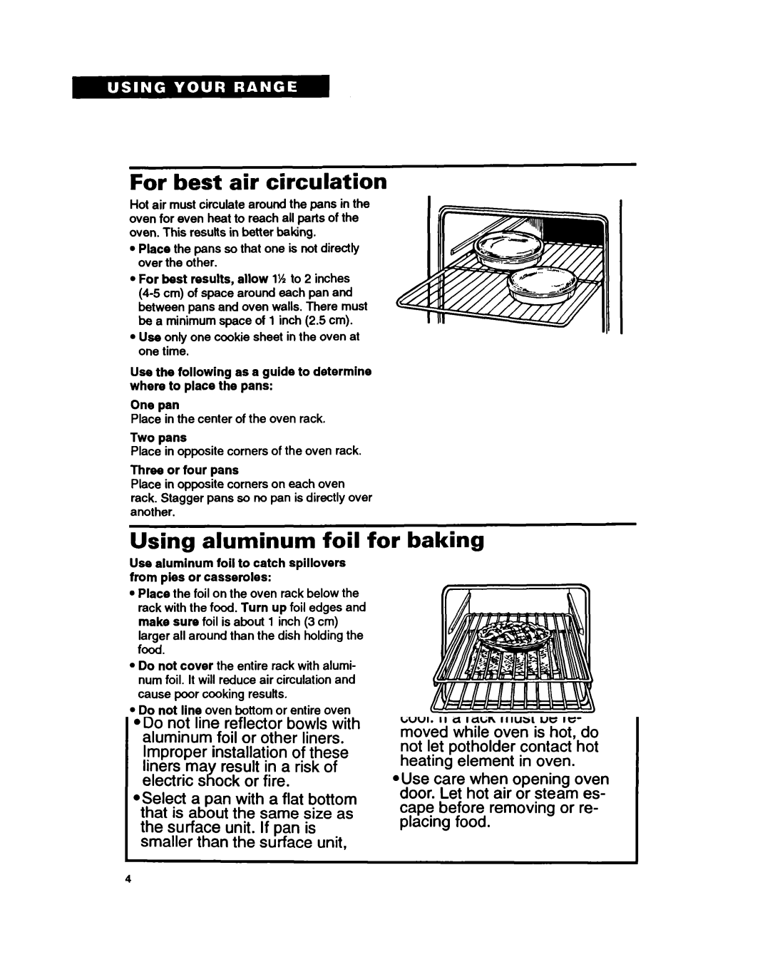 Whirlpool FEP310B, FEP320B warranty For best air circulation, Using aluminum foil for baking, Two pans, Three or four pans 