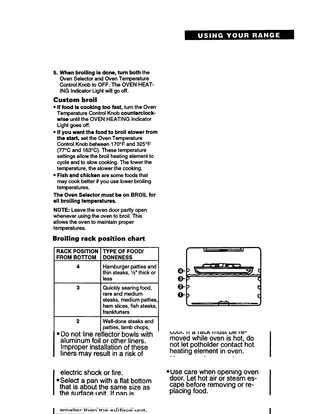 Whirlpool FEP320B, FEP310B Custom broil, Broiling rack position chart, Rack Position Type of FOOD/ from BOlTOM Doneness 