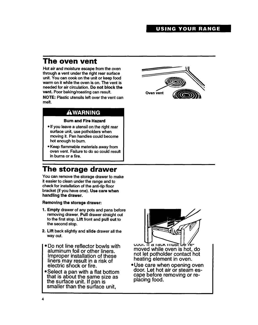 Whirlpool FEP320B, FEP310B warranty Oven vent, Storage drawer, Burn and Fire Hazard, Removing the storage drawer 