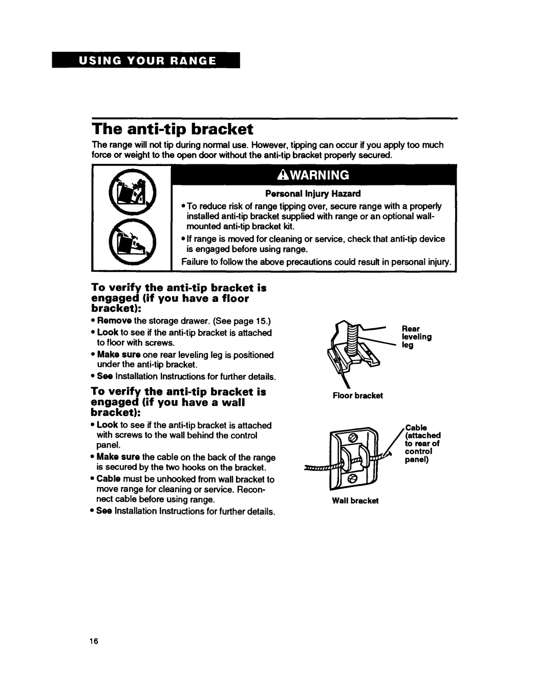 Whirlpool FEP310B, FEP320B warranty Anti-tip bracket, Personal Injury Hazard 