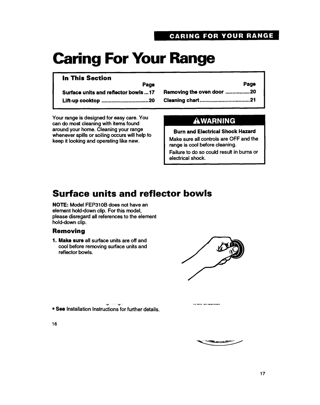 Whirlpool FEP320B Caring For Your Range, Surface units and reflector bowls, Removing, Burn and Electrical Shock Hazard 