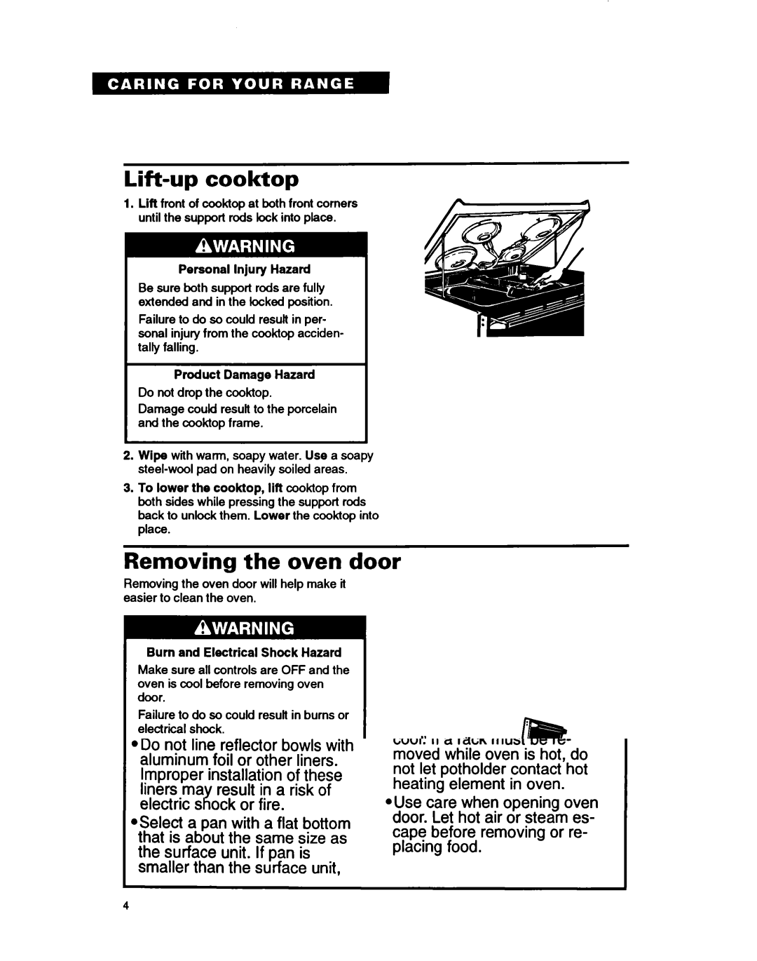 Whirlpool FEP310B, FEP320B warranty Lift-up cooktop, Removing the oven door 