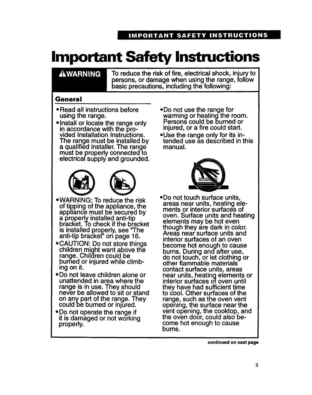 Whirlpool FEP320B, FEP310B warranty Important Safety Instructions, General Read all instructions before using the range 