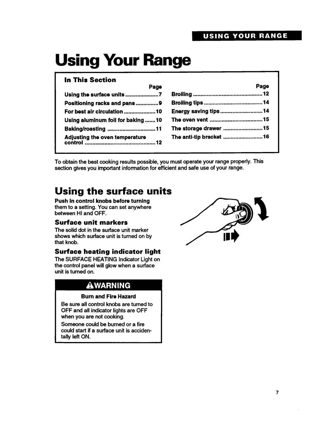 Whirlpool FEP320B, FEP310B warranty Using Your Range, Using the surface units, This Section, Surface unit markers 