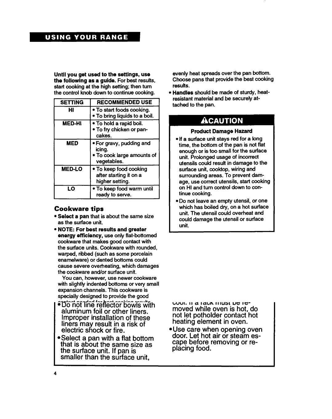 Whirlpool FEP310B, FEP320B warranty Cookware tips, Product Damage Hazard 