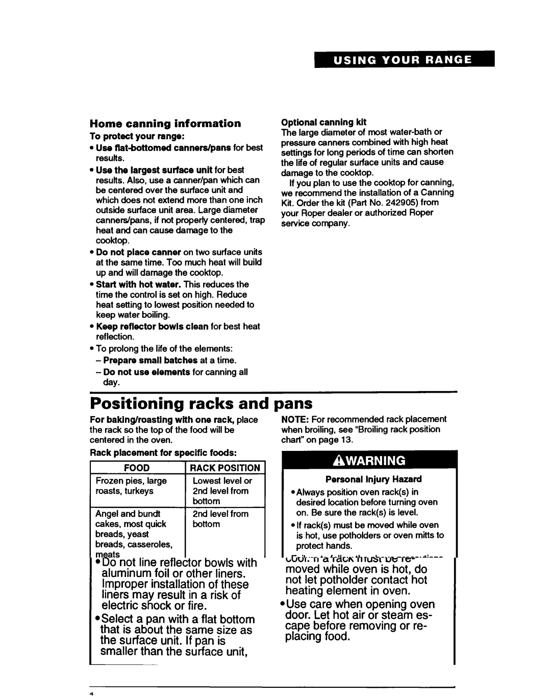 Whirlpool FEP320B, FEP310B warranty Positioning racks, Pans, Home canning information, Food 