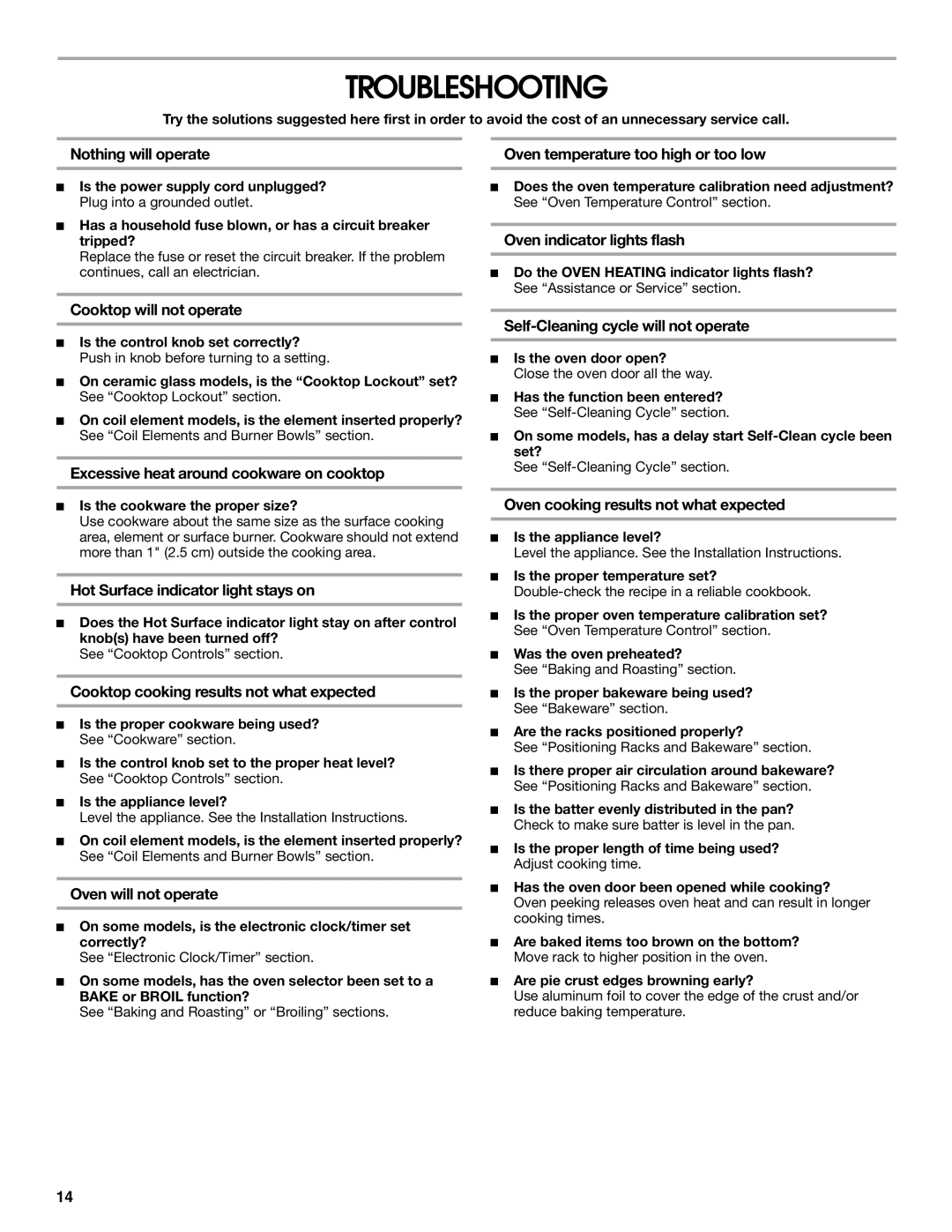 Whirlpool FEP310KN1 manual Troubleshooting 