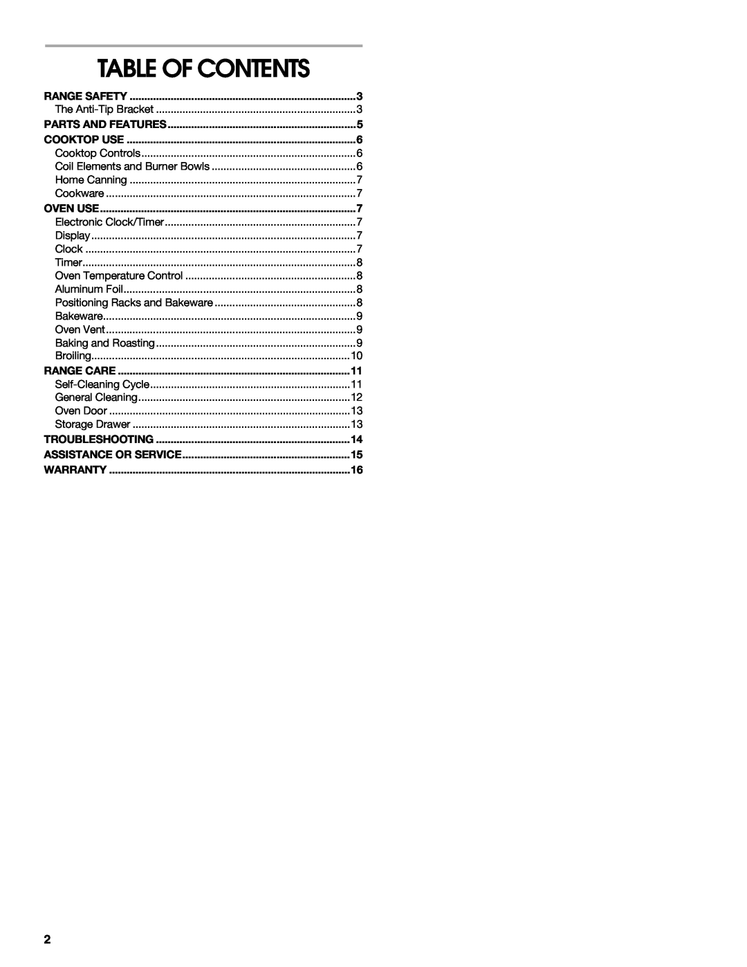 Whirlpool FEP310KN1 manual Table Of Contents 