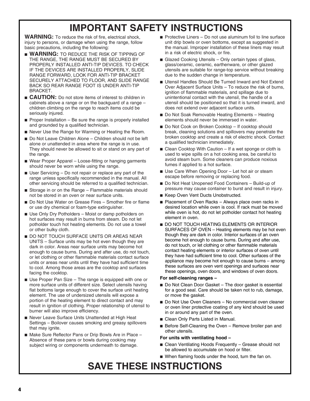 Whirlpool FEP310KN1 manual Important Safety Instructions, Save These Instructions, For self-cleaningranges 