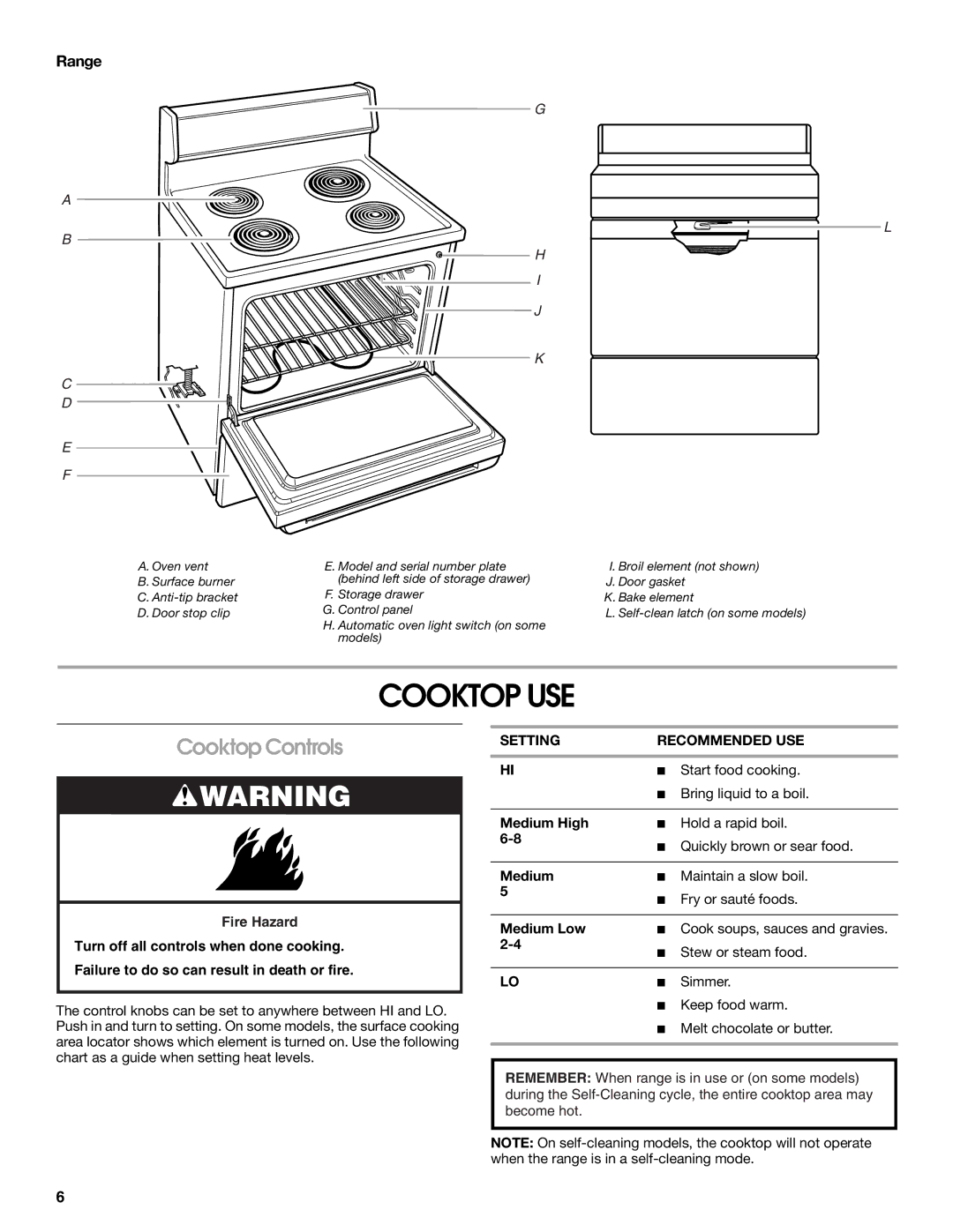 Whirlpool FEP310KV4 manual Cooktop USE, Cooktop Controls, Range, Setting Recommended USE 